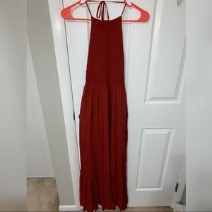 Red strappy back halter maxi dress